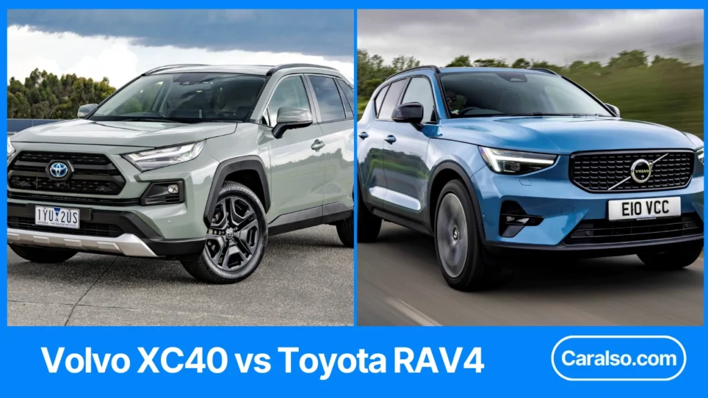 Volvo XC40 vs Toyota RAV4 side-by-side comparison showing price, MPG, cargo space, and key buying differences.