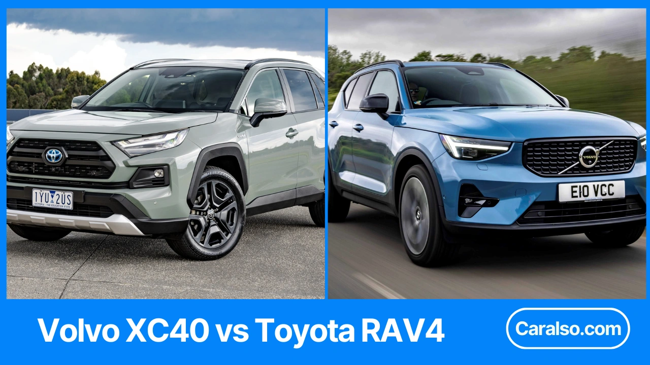 Volvo XC40 vs Toyota RAV4 side-by-side comparison showing price, MPG, cargo space, and key buying differences.